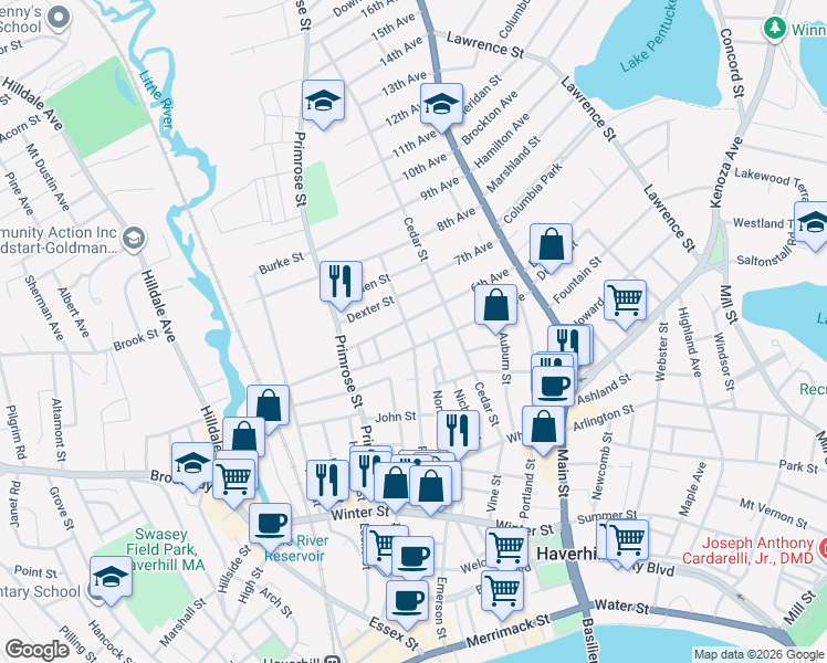 map of restaurants, bars, coffee shops, grocery stores, and more near 186 Franklin Street in Haverhill