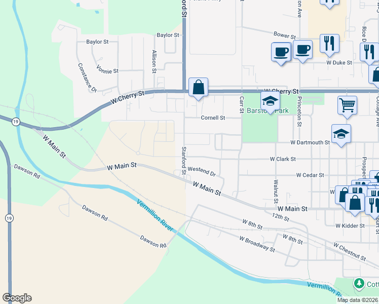 map of restaurants, bars, coffee shops, grocery stores, and more near 1115 West Clark Street in Vermillion