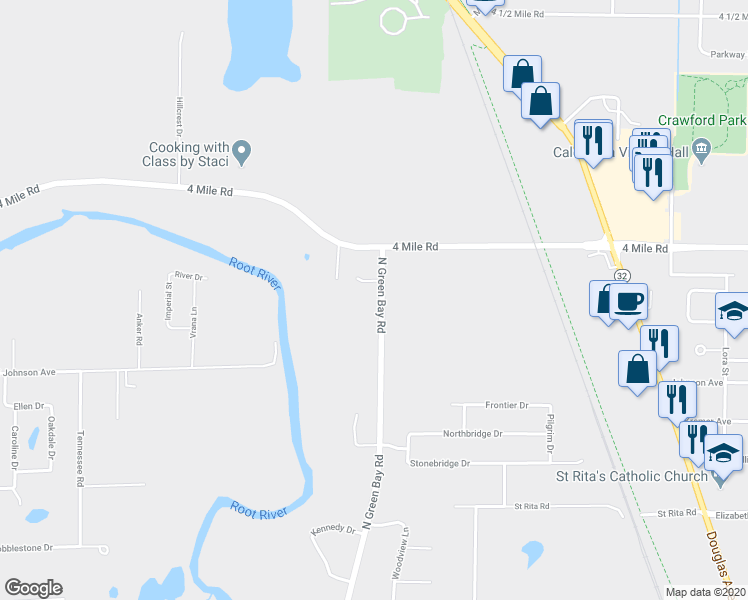 map of restaurants, bars, coffee shops, grocery stores, and more near 4836 North Green Bay Road in Racine