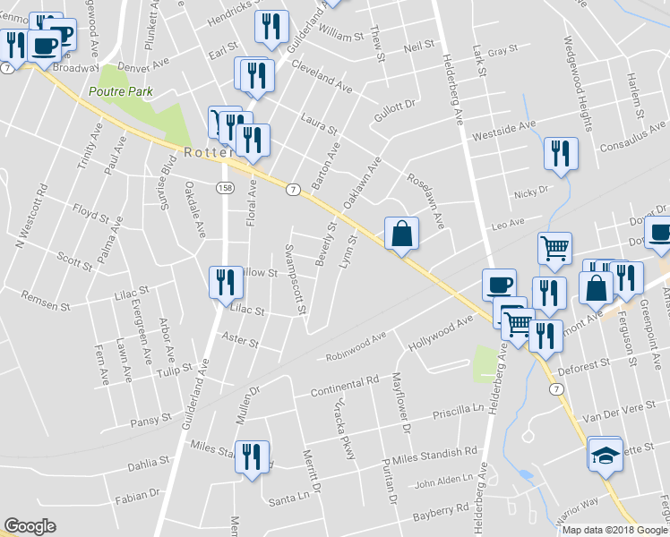 map of restaurants, bars, coffee shops, grocery stores, and more near 2165 Lynn Street in Rotterdam
