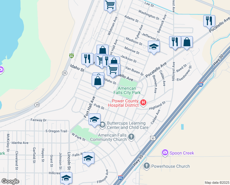 map of restaurants, bars, coffee shops, grocery stores, and more near 590 Tyhee Ave in American Falls