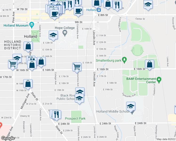 map of restaurants, bars, coffee shops, grocery stores, and more near 196 East 16th Street in Holland