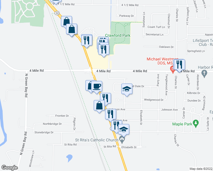 map of restaurants, bars, coffee shops, grocery stores, and more near 4909 Scotts Way in Racine
