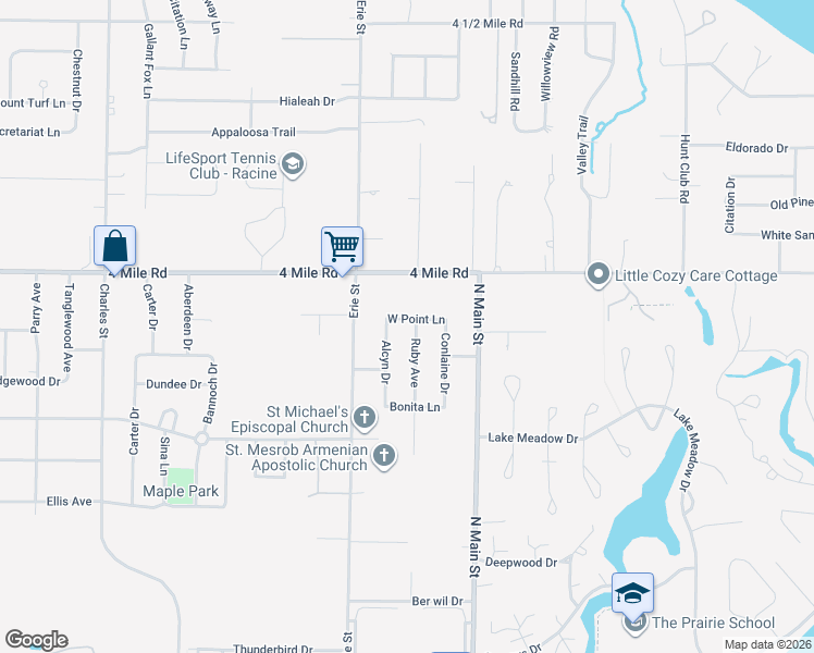 map of restaurants, bars, coffee shops, grocery stores, and more near 509 W Point Ln in Racine