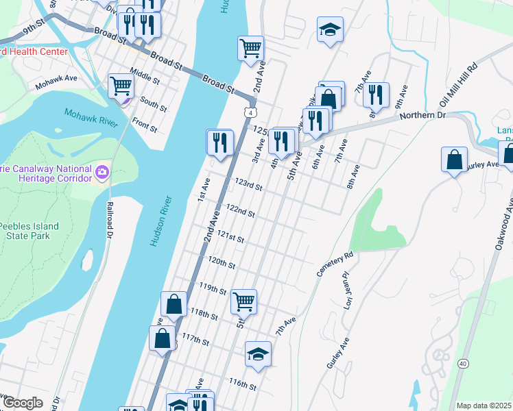 map of restaurants, bars, coffee shops, grocery stores, and more near 801 4th Avenue in Troy
