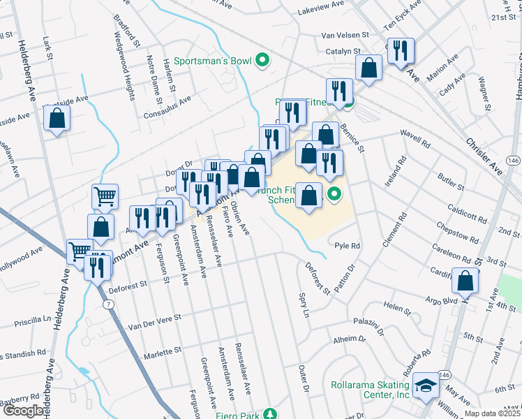 map of restaurants, bars, coffee shops, grocery stores, and more near 1138 Cushing Lane in Schenectady