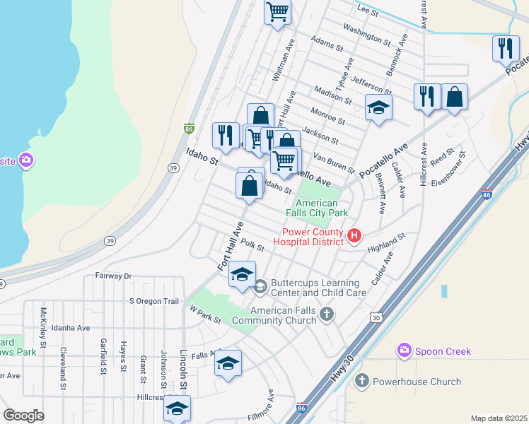 map of restaurants, bars, coffee shops, grocery stores, and more near 240 Roosevelt Street in American Falls
