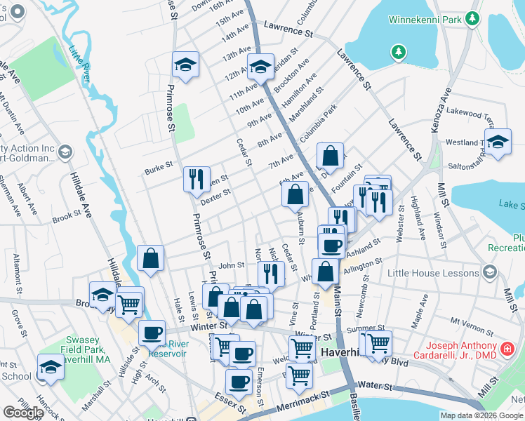 map of restaurants, bars, coffee shops, grocery stores, and more near 35 5th Avenue in Haverhill