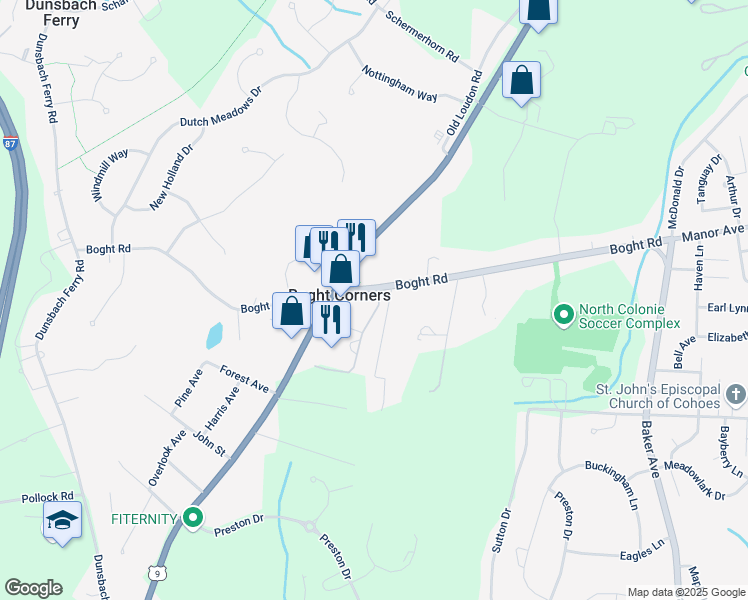 map of restaurants, bars, coffee shops, grocery stores, and more near 596 Boght Road in Cohoes