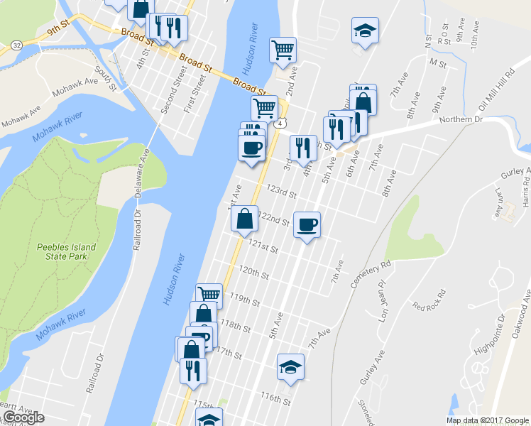 map of restaurants, bars, coffee shops, grocery stores, and more near 793 3rd Avenue in Troy