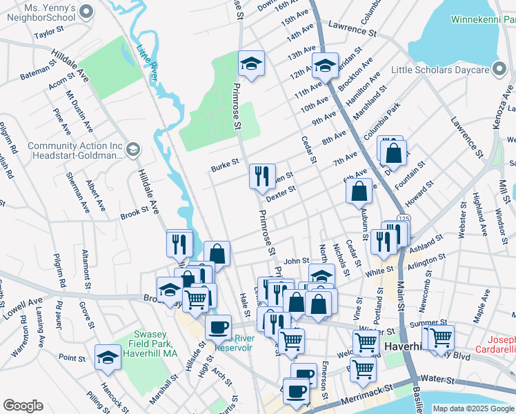 map of restaurants, bars, coffee shops, grocery stores, and more near 240 Primrose Street in Haverhill