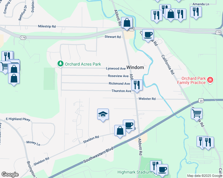 map of restaurants, bars, coffee shops, grocery stores, and more near 5108 Thurston Avenue in Buffalo