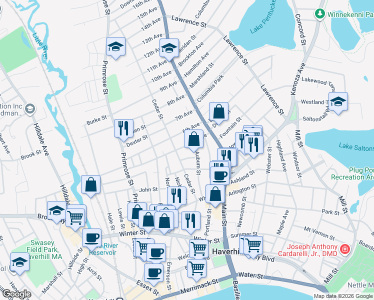 map of restaurants, bars, coffee shops, grocery stores, and more near 26 5th Avenue in Haverhill