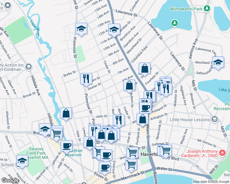 map of restaurants, bars, coffee shops, grocery stores, and more near 35 5th Avenue in Haverhill