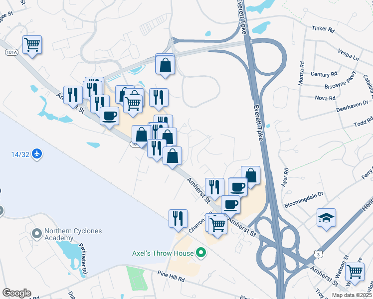 map of restaurants, bars, coffee shops, grocery stores, and more near 21 Cannongate III Road in Nashua
