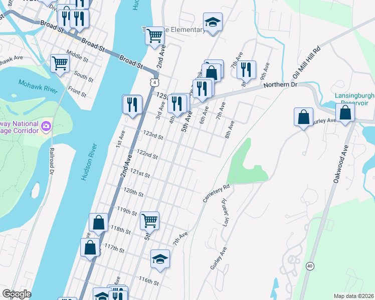 map of restaurants, bars, coffee shops, grocery stores, and more near 822 6th Avenue in Troy