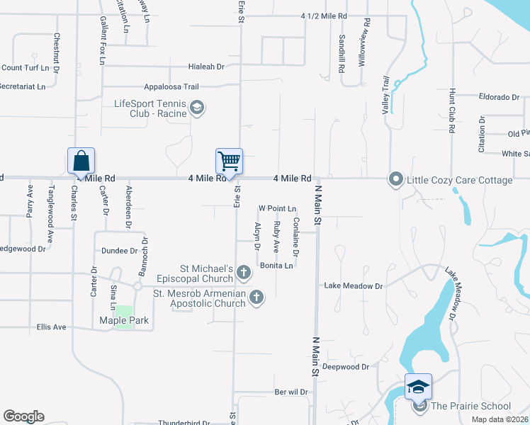 map of restaurants, bars, coffee shops, grocery stores, and more near 509 West Point Lane in Racine