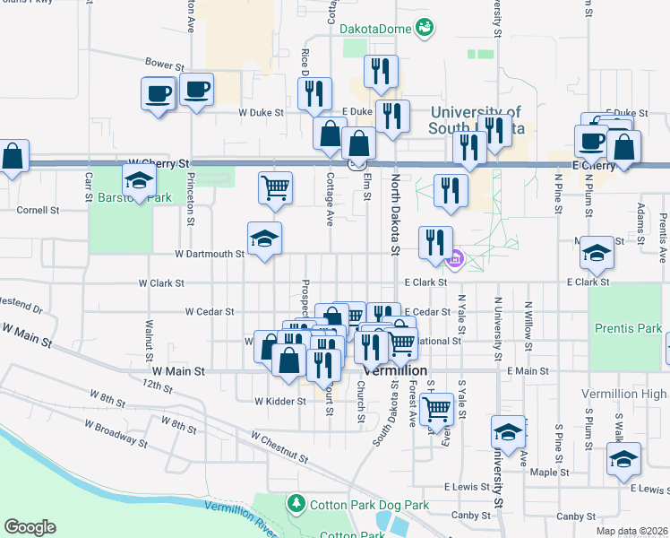 map of restaurants, bars, coffee shops, grocery stores, and more near 317 Center Street in Vermillion