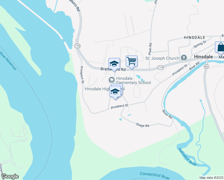 map of restaurants, bars, coffee shops, grocery stores, and more near School Street in Hinsdale