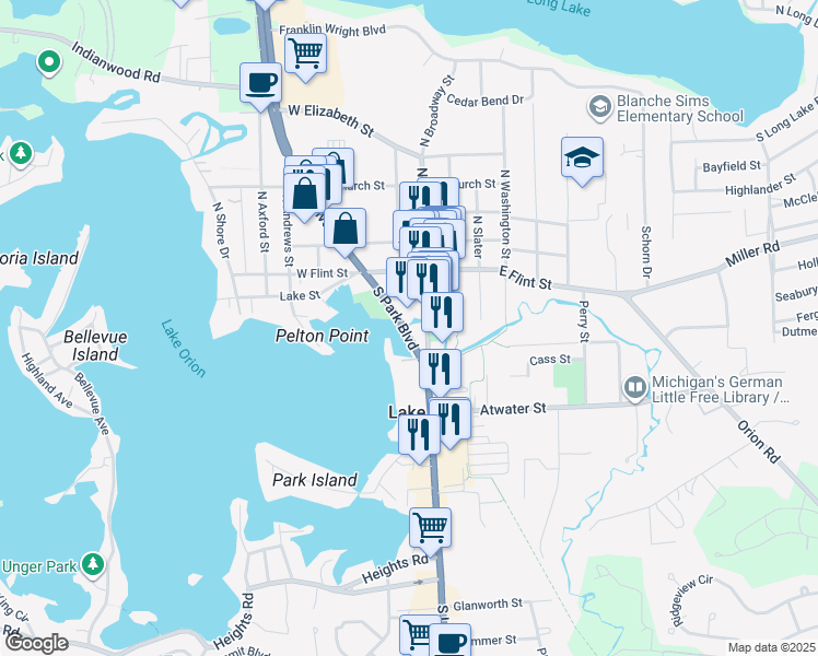 map of restaurants, bars, coffee shops, grocery stores, and more near 132 Park Green Drive in Orion charter Township