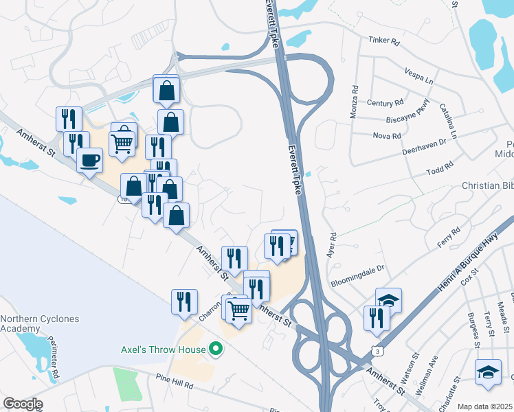 map of restaurants, bars, coffee shops, grocery stores, and more near 1 Hartford Lane in Nashua