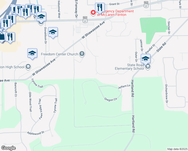 map of restaurants, bars, coffee shops, grocery stores, and more near 759 Plumtree Lane in Fenton