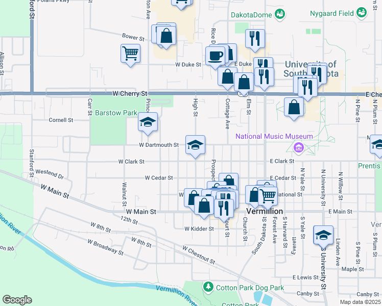 map of restaurants, bars, coffee shops, grocery stores, and more near 300 High Street in Vermillion