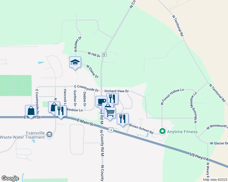map of restaurants, bars, coffee shops, grocery stores, and more near 717 Orchard View Drive in Evansville