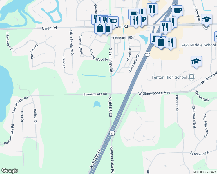 map of restaurants, bars, coffee shops, grocery stores, and more near 16502 South Jennings Road in Fenton