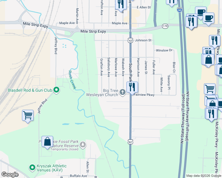 map of restaurants, bars, coffee shops, grocery stores, and more near 3727 Salisbury Avenue in Buffalo