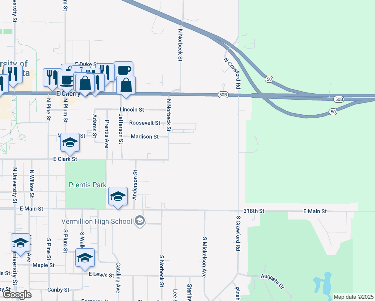 map of restaurants, bars, coffee shops, grocery stores, and more near 335 North Norbeck Street in Vermillion