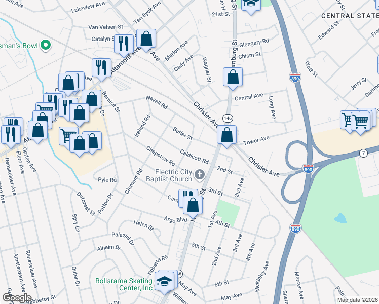 map of restaurants, bars, coffee shops, grocery stores, and more near 170 Caldicott Road in Schenectady