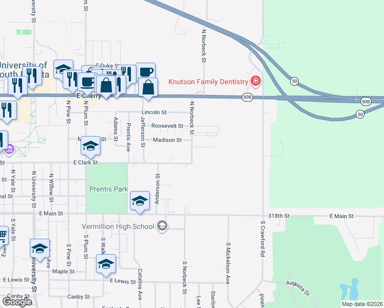 map of restaurants, bars, coffee shops, grocery stores, and more near 310 North Norbeck Street in Vermillion