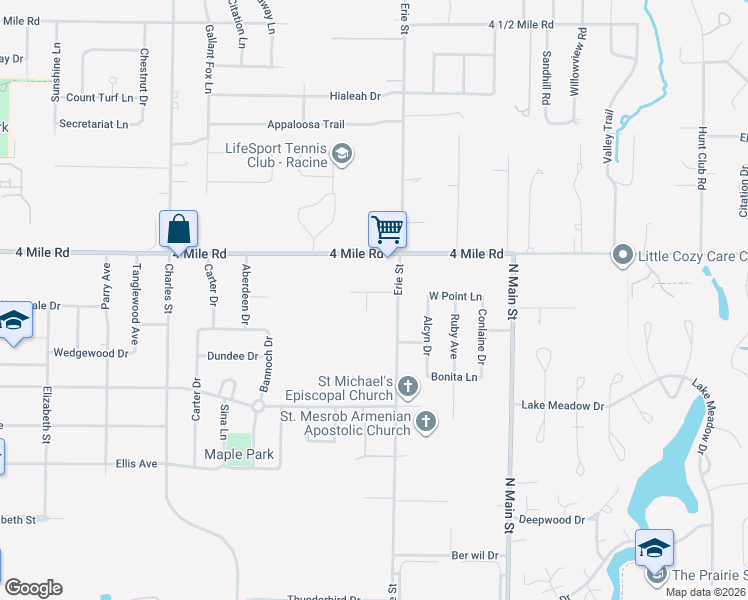 map of restaurants, bars, coffee shops, grocery stores, and more near 631 Royal Park Road in Racine