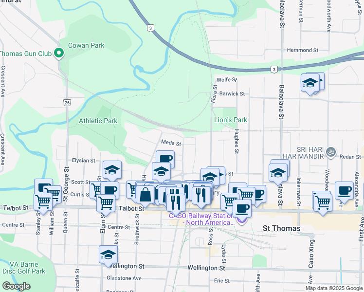 map of restaurants, bars, coffee shops, grocery stores, and more near 80 Saint Catharine Street in Saint Thomas