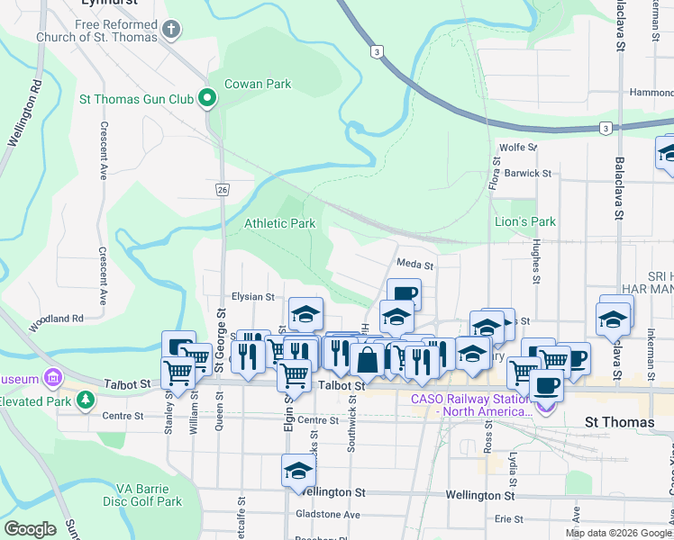 map of restaurants, bars, coffee shops, grocery stores, and more near 47 Owaissa Street in St. Thomas
