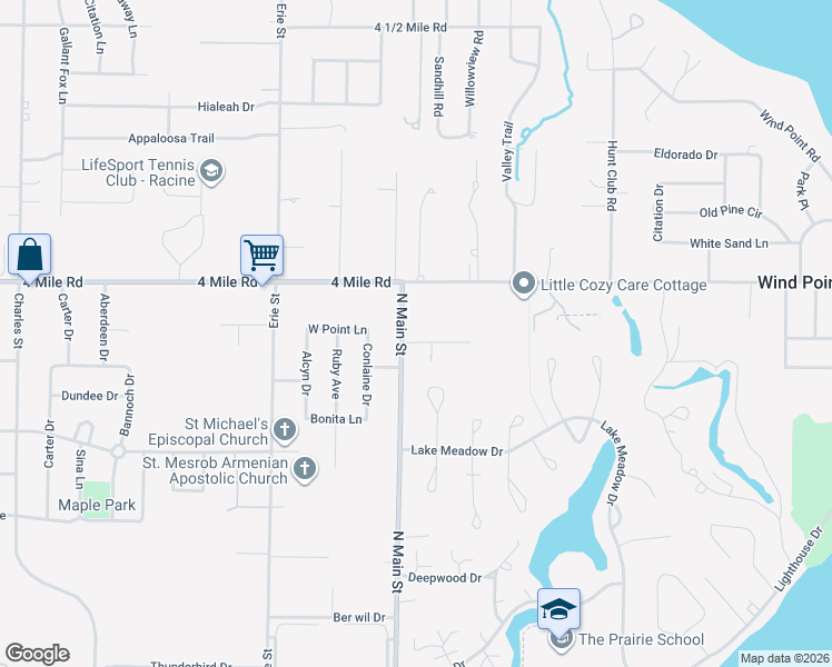 map of restaurants, bars, coffee shops, grocery stores, and more near 340 Jonsue Lane in Wind Point