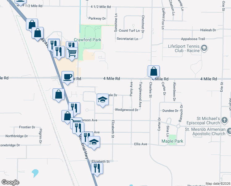 map of restaurants, bars, coffee shops, grocery stores, and more near 1646 Wind Dale Drive in Racine