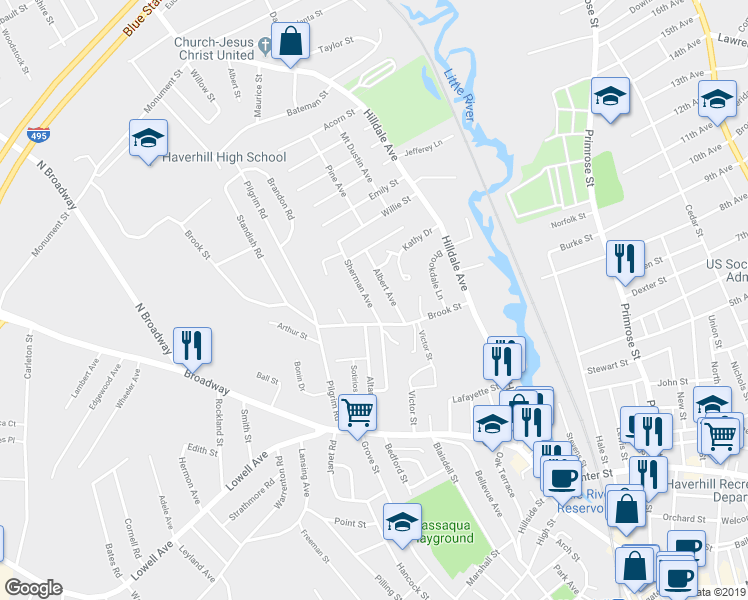 map of restaurants, bars, coffee shops, grocery stores, and more near 15 Sherman Avenue in Haverhill