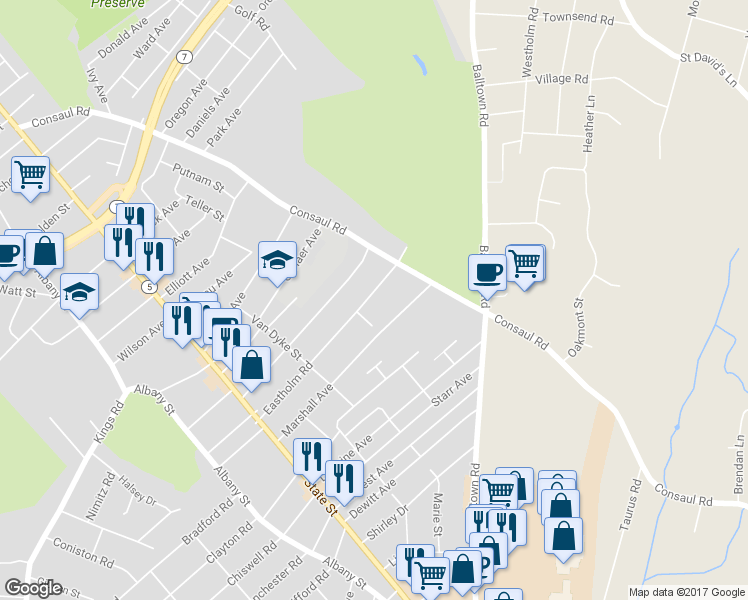 map of restaurants, bars, coffee shops, grocery stores, and more near 222 Eastholm Road in Schenectady