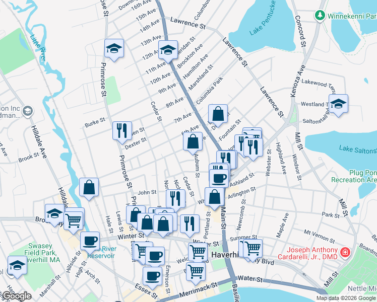 map of restaurants, bars, coffee shops, grocery stores, and more near 26 5th Avenue in Haverhill