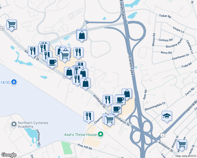 map of restaurants, bars, coffee shops, grocery stores, and more near 21 Cannongate III Road in Nashua