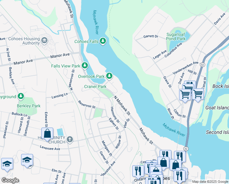 map of restaurants, bars, coffee shops, grocery stores, and more near 2 North Mohawk Street in Cohoes