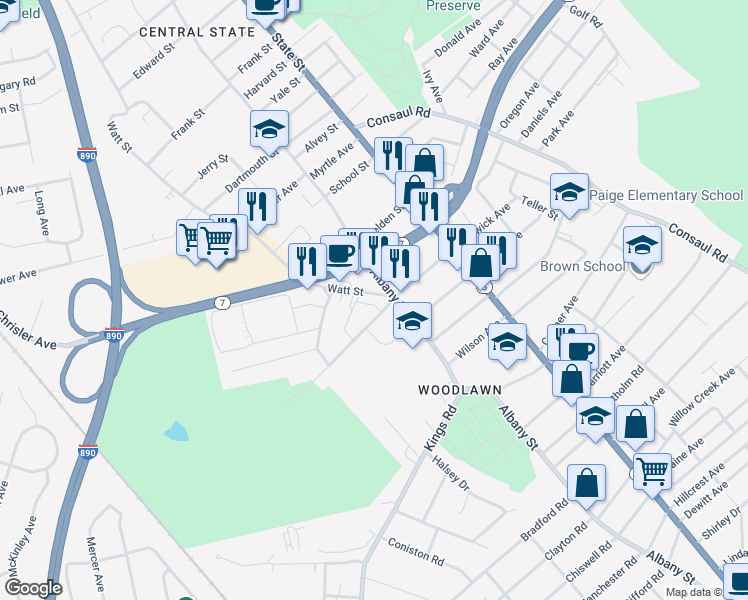 map of restaurants, bars, coffee shops, grocery stores, and more near 2522 Watt Street in Schenectady