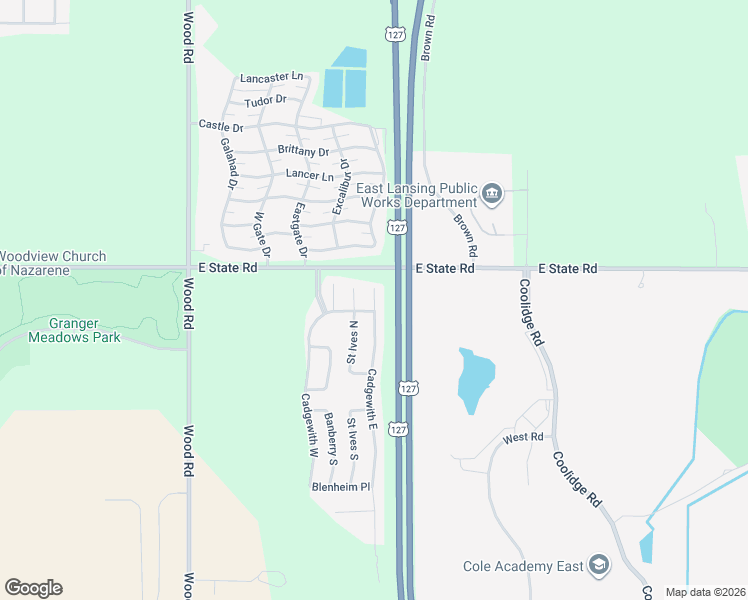 map of restaurants, bars, coffee shops, grocery stores, and more near 107 Cadgewith East in Lansing