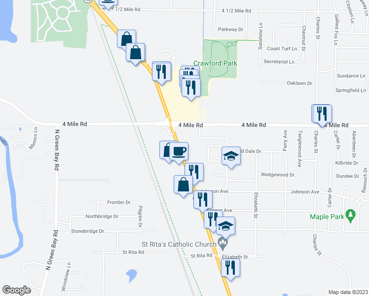 map of restaurants, bars, coffee shops, grocery stores, and more near 4910 Douglas Avenue in Racine