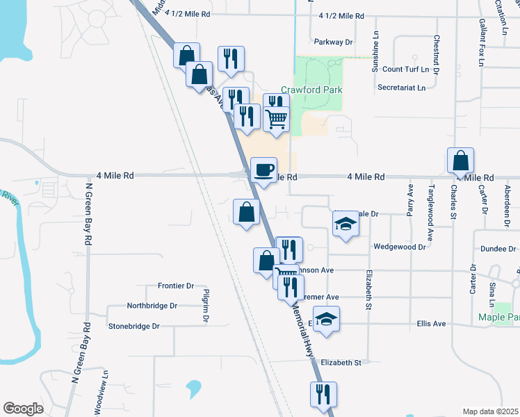 map of restaurants, bars, coffee shops, grocery stores, and more near 4910 Douglas Avenue in Racine