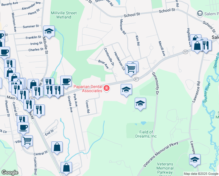 map of restaurants, bars, coffee shops, grocery stores, and more near 204 Main Street in Salem