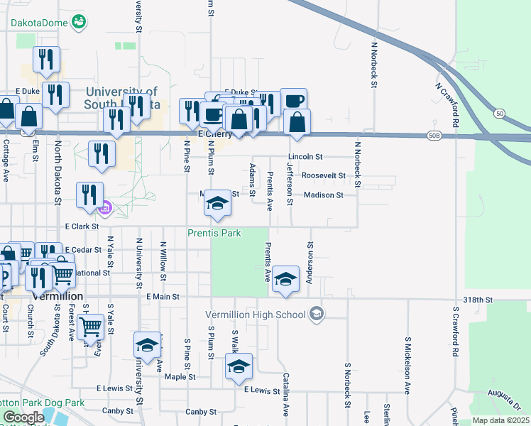 map of restaurants, bars, coffee shops, grocery stores, and more near 316 Prentis Avenue in Vermillion