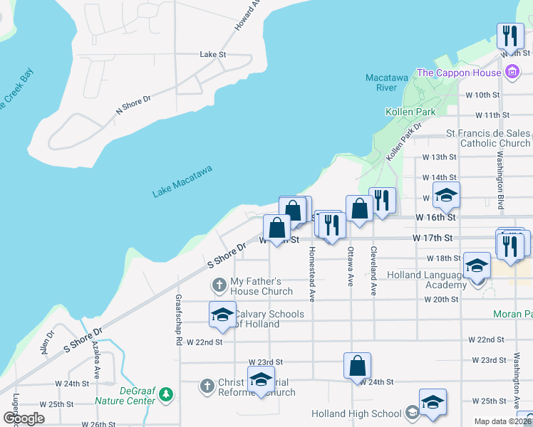 map of restaurants, bars, coffee shops, grocery stores, and more near 536 Macatawa Avenue in Holland